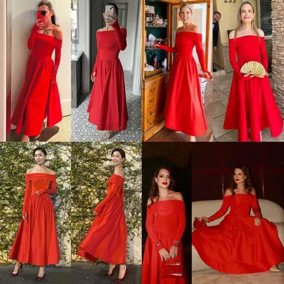 Alice + Olivia Chara Flared Midi Dress Off the Shoulder Bright Ruby Red 4